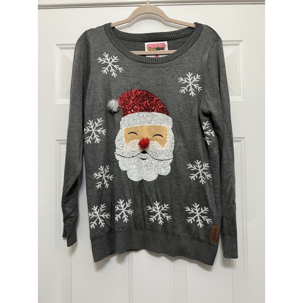 Tipsy Elves Sequin Santa Snow Flake Grey Holiday Christmas Womens Sweater Medium